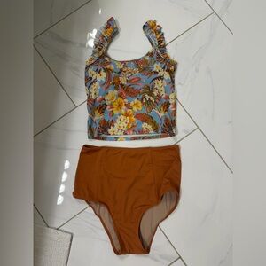 Kortni Jeane Floral Tankini Top with Rust High Waist Bottoms